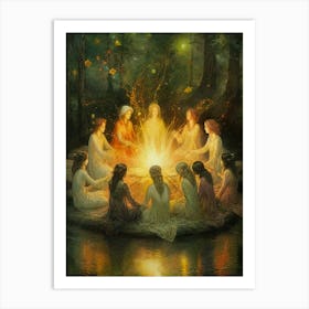 Womens Circle - Witchy Goddess Gathering Around a Fire in the Forest, When Women Meet Wands, Potions, Magic Sharing Healing Art Print