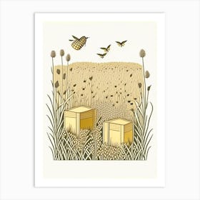 Bee Boxes In A Field 3 Vintage Art Print