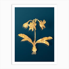 Vintage Netted Veined Amaryllis Botanical in Gold on Teal Blue Art Print