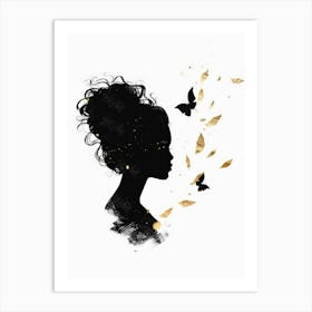 Silhouette Of A Woman With Butterflies Art Print