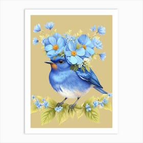 Blue Bird With Flowers Art Print