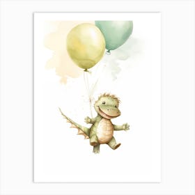 Baby Alligator Flying With Ballons, Watercolour Nursery Art 3 Art Print