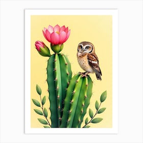 Owl On Cactus Art Print