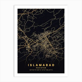 Islamabad Pakistan Black And Gold Map Art Print