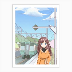 Anime Girl Standing On A Train Platform Art Print