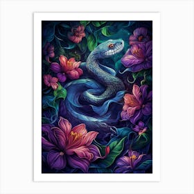 Blue Snake With Purple Flowers Art Print