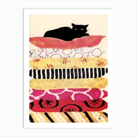 Black Cat On Pillows Art Print