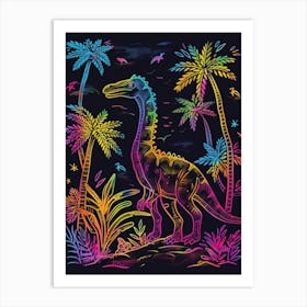 Neon Dinosaur With Palm Trees Line Illustration Art Print