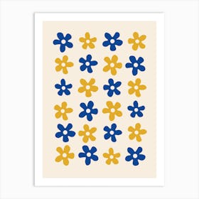 Blue And Yellow Flowers on cream background Art Print