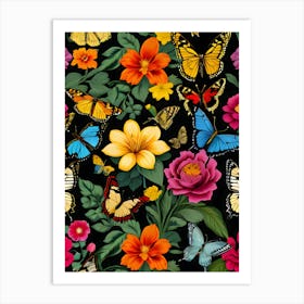 Seamless Pattern With Butterflies And Flowers 18 Art Print