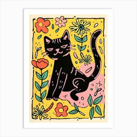 Cute Black Cat With Flowers Illustration 1 Art Print