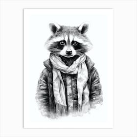 Raccoon In Scarf Black And White 1 Art Print