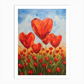 Red Heart Flowers Oil Painting Valentine Gift Art Print