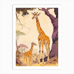 Sweet Giraffe & Calf Illustration 1 Art Print