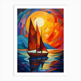 Sailing Boat at Sunset II, Vibrant Colorful Painting in Cubism Picasso Style Art Print