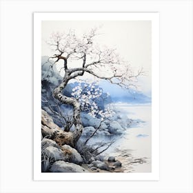 Blue Tree Watercolor, Japanese Brush Painting, Ukiyo E, Minimal 1 Art Print