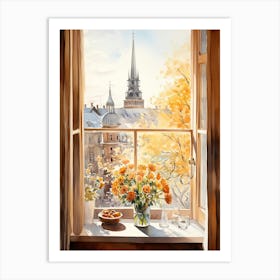 Window View Of Copenhagen Denmark In Autumn Fall, Watercolour 2 Art Print