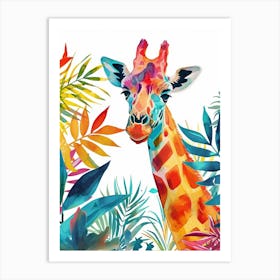 Watercolour Giraffe Head In The Leaves 5 Art Print
