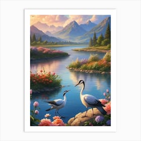 Two Cranes By The Lake Art Print