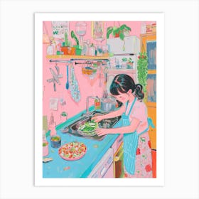 Girl Making A Salad Lo Fi Kawaii Illustration 1 Art Print