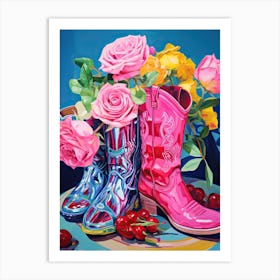 Oil Painting Of Roses Flowers And Cowboy Boots, Oil Style 2 Art Print