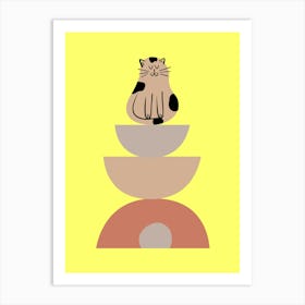 Cat Sitting On A Stack Of Bowls Art Print