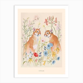 Folksy Floral Animal Drawing Cougar Poster Art Print