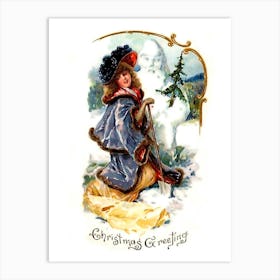 Lady Is Posing With A Snowman, Victorian Holiday Poster Art Print