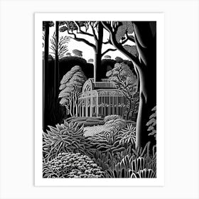 Kew Gardens, United Kingdom Linocut Black And White Vintage Art Print