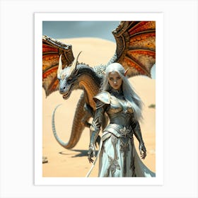 Warrior Beauty And Dragon Art Print