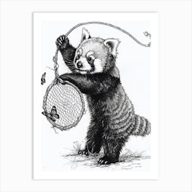 Red Panda Cub Playing With A Butterfly Net Ink Illustration 3 Art Print