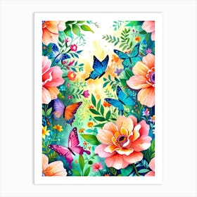 Floral Pattern With Butterflies Art Print