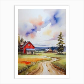 Watercolor Of A Red Barn 1 Art Print