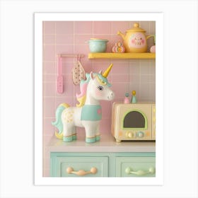 Toy Unicorn In A Pastel Kitchen Art Print
