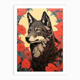 Red Wolf Vintage Woodblock 2 Art Print