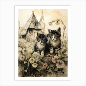 Sepia Drawing Of Kittens With A Medieval Village 4 Art Print
