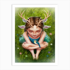 Fairy Girl With Deer Antlers Art Print