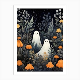 Cute Bedsheet Ghost, Botanical Halloween Watercolour 123 Art Print