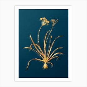 Vintage Allium Fragrans Botanical in Gold on Teal Blue Art Print