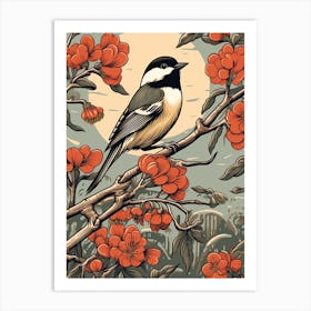 Vintage Bird Linocut Carolina Chickadee 3 Art Print