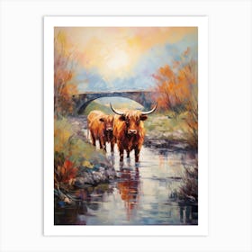 Two Highland Cows Walking Down The River Art Print