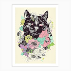 Cute British Shorthair Cat With Flowers Illustration 4 Art Print