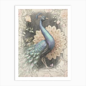 Peacock With Roses 1 Art Print