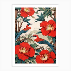 Camellia And Birds Vintage Japanese Botanical Art Print