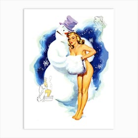 Big Snowman Is warming up Pinup Girl, Funny Holiday Poster Art Print