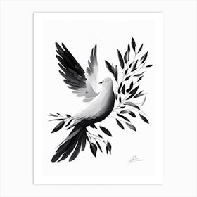 Peace Dove And Olive Branch Symbol Black And White Painting Art Print