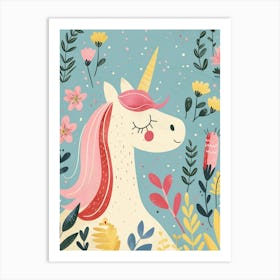 Storybook Style Unicorn & Flowers Pastel 3 Art Print