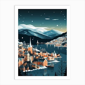 Winter Travel Night Illustration Bergen Norway 1 Art Print