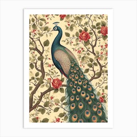 Floral Sepia Peacock In A Tree Wallpaper Art Print