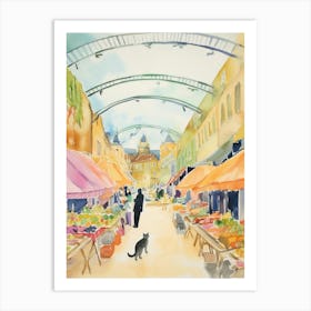 Food Market With Cats In Bath 2 Watercolour Art Print